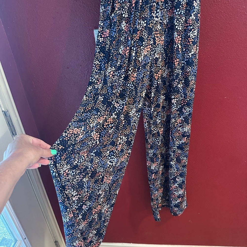 Olivia Grey Sleeveless Wide-Leg Jumpsuit L Navy Multi Dot Print V-Neck - Picture 2 of 11